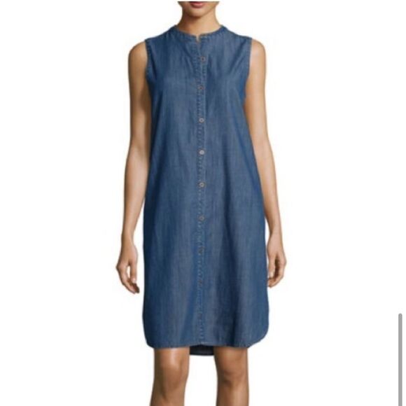 New eileen fisher denim sleeveless button down mandarin collar shift dress - Picture 3 of 8